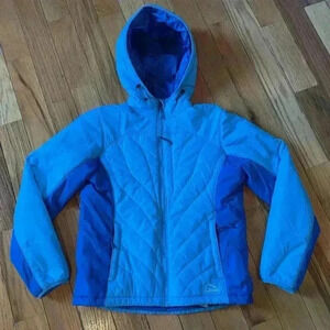 LL Bean Quilted Puffer Jacket Prima Loft Blue Hooded Stowaway Women's Size Small